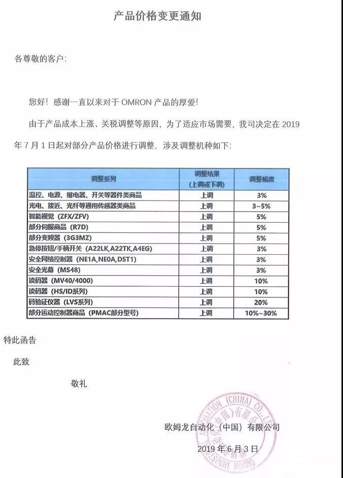 歐姆龍漲價通知 歐姆龍漲價通知
